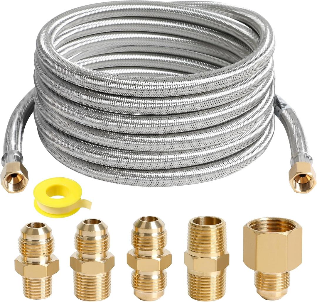 ATKKE 24FT High Pressure Propane Extension Hose with Conversion Couplings Kit, Steel Braided Propane Gas Line with Pipe Fitting 3/8" Flare for BBQ Grill, Heater, Fire Pit