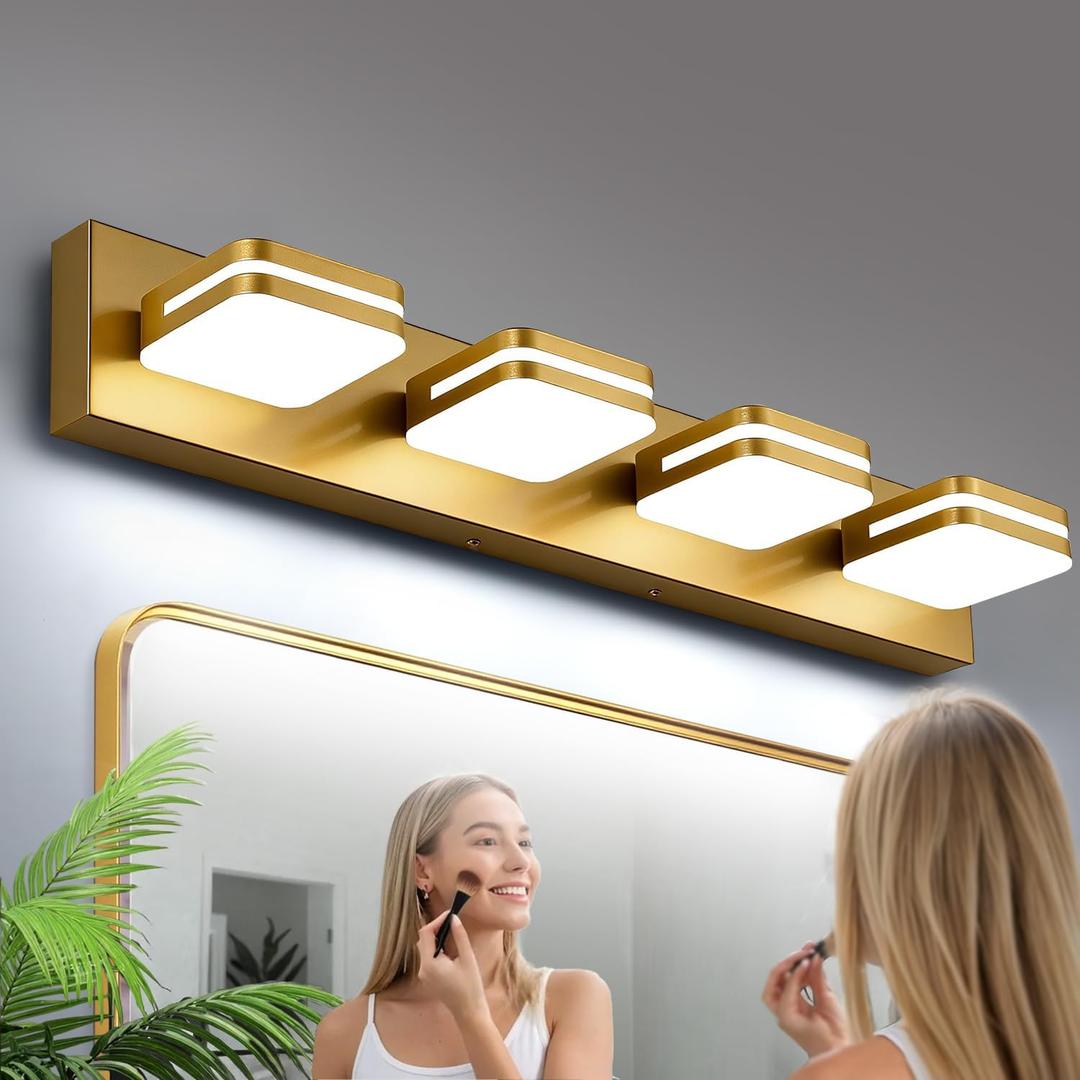 360 Rotate LED Bathroom Vanity Light Fixtures, 1600LM Acrylic Gold Vanity Lights for Bathroom, Modern Wall Lighting Fixtures Over Mirror Kitchen Living Room Hallway (Natural White Light 5000K), 4-Light, 27-Inch, 5000K