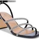 Women's Rhinestone Heels, Square Toe Ankle Strap Block Heel Dress Shoes for Wedding & Party (7, Black)