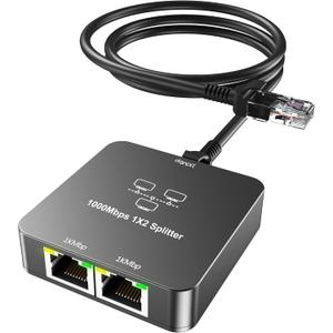 Ethernet Splitter 1 to 2 Out with Cat 6 Ethernet Cable, 1000Mbps High Speed, RJ45 Splitter, Gigabit Internet Splitter Connector for Cat 5/5e/6/7/8 Cable, Gray