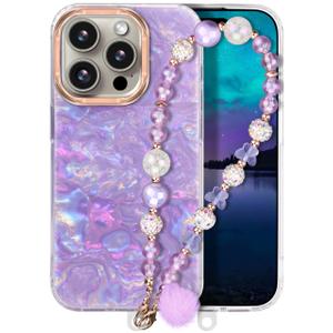 Compatible with iPhone 15 Pro Case for Women Girls, Slim Fit Stylish Cute Phone Case for iPhone 15 Pro with Flower Phone Charm Lanyard Wrist Strap, Hard Protective Case 6.1 Inch Purple Marble