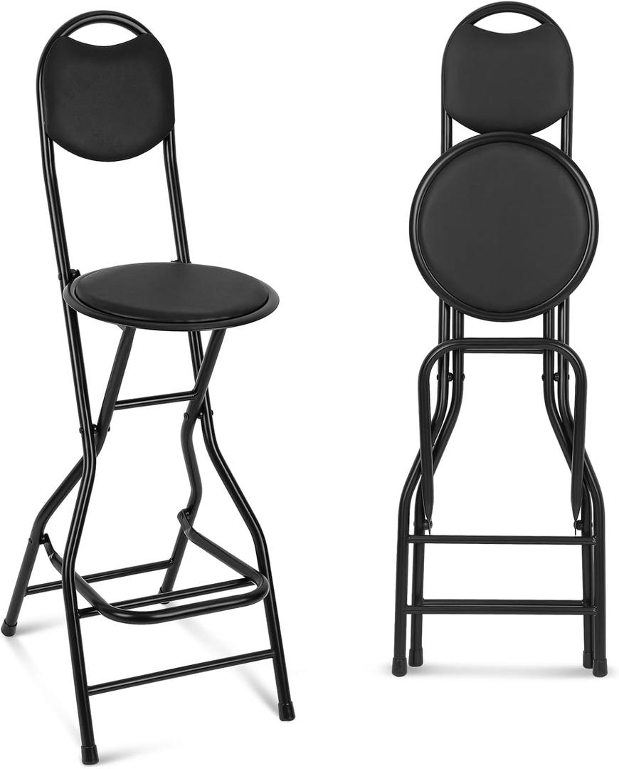 Sintuff 1 Pcs Seat Height 26 Inch Folding Bar Stool with Backrest Leather Padded Collapsible Stools for Adults Portable Black Bar Height Folding Chairs for Outdoor Indoor Kitchen Shop Cafe, One Size