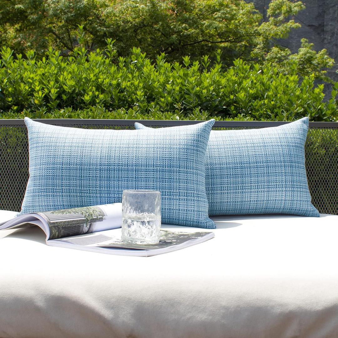 Kevin Textile Pack of 2 Decorative Outdoor Waterproof Pillow Covers Garden Cushion Sham Throw Pillowcase Shell for Patio Tent Couch 12x20 Inch, Light Blue