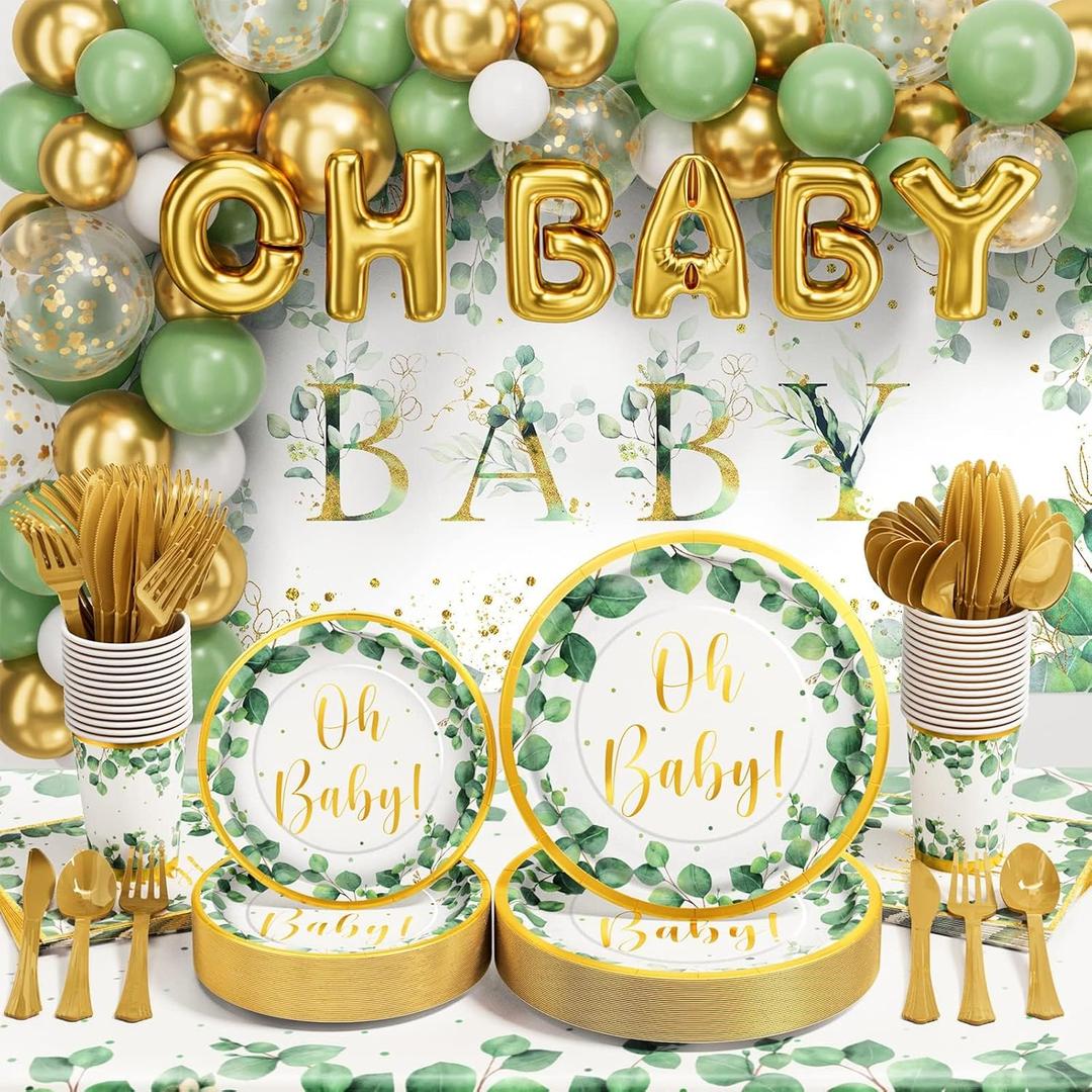 Ecomore Girl Boy Sage Green Baby Shower Decorations 247 PCS (25 Guest) Boho Greency Party Supplies with Paper Plate Napkin Cup Cutlery & Tablecloth Oh Baby Backdrop Balloon Kit for Gender Reveal Decor