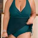 B2prity Women's Plus Size One Piece Swimdress Swimsuit Tummy Control Slimming Swim Dress Mesh Drawstring Skirted Bathing Suit (Blue, XXXL)