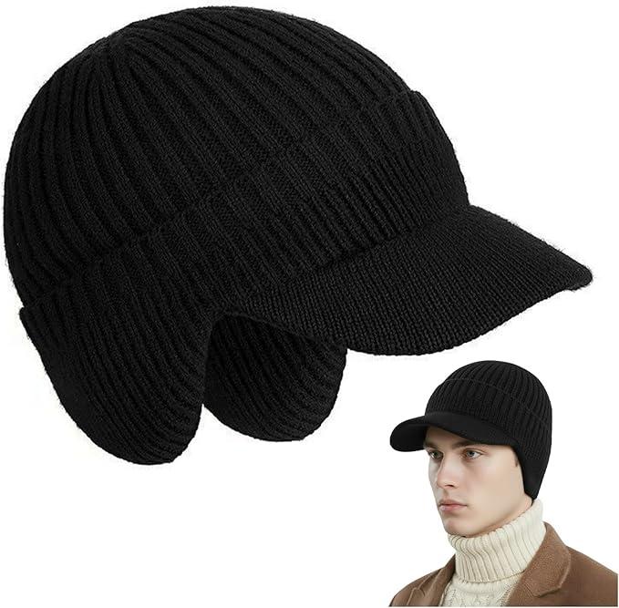 Winter Hat with Brim and Ear Flaps for Men, Knitted Hat with Fleece Lining for Warmth Caps for Men Women 
