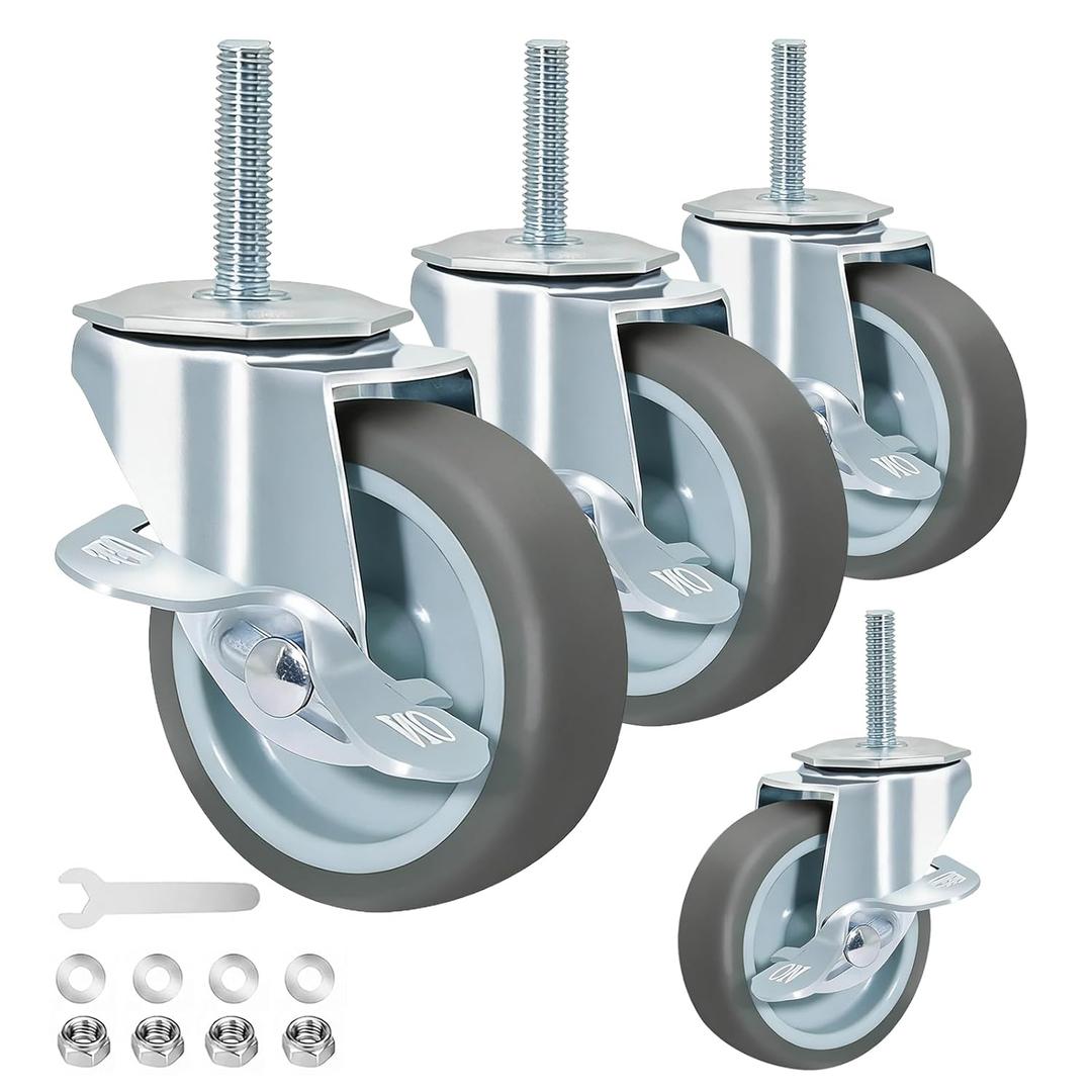 Heavy Duty Caster, Rubber Swivel with Side Brakes,3 Inch Locking Stem Threaded Stem 3/8 Inch Diameter 1/1 2 Inch,Length for Carts Furniture 2200 Pound Load Capacity,Set of 4 (Grey)