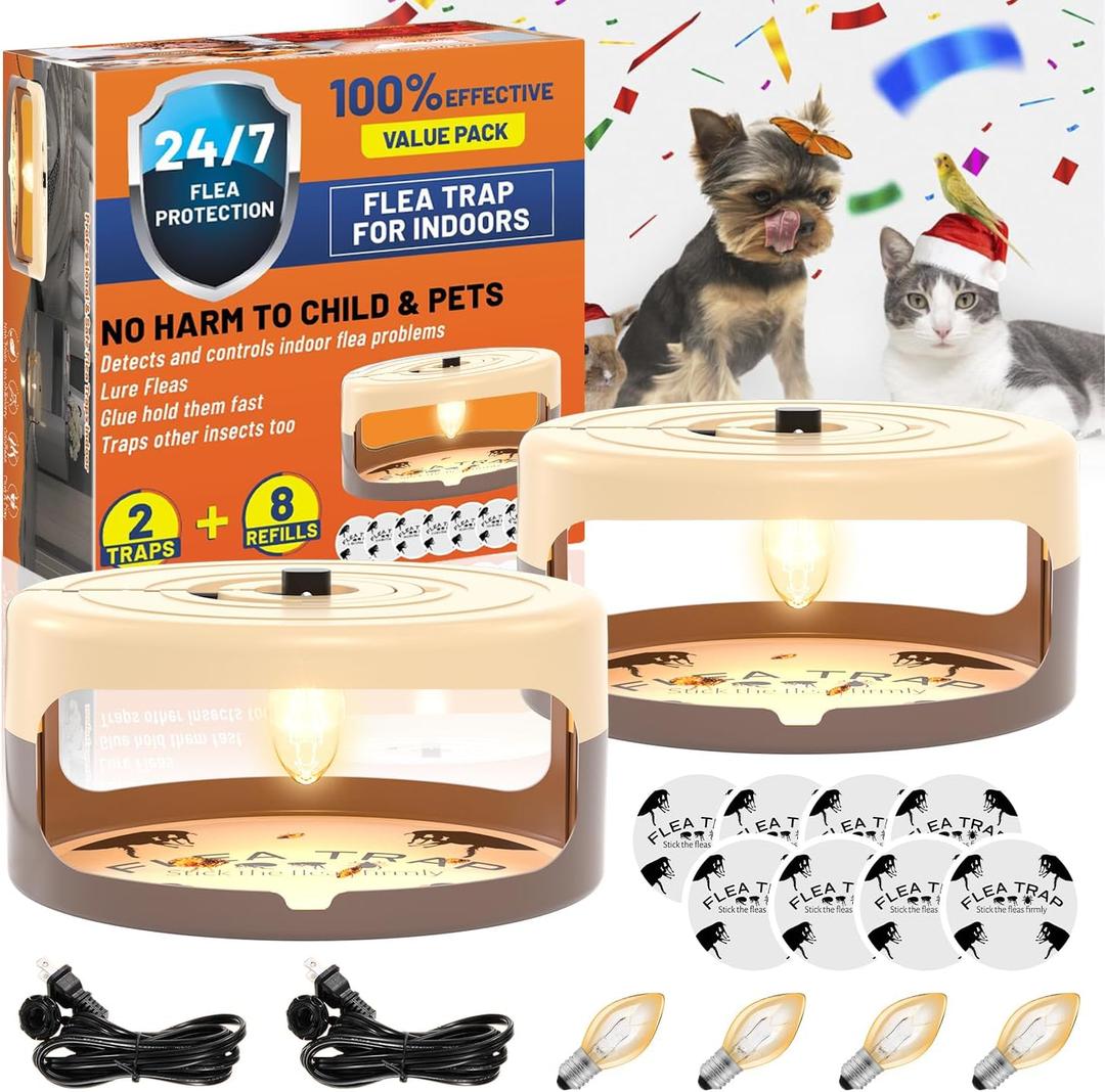2 Pack Flea Traps for Inside Your Home, Indoor Flea Light, Bed Bug Killer with 8 Sticky Pads & 4 Light Bulb, Odorless Natural Insect Infestation Treatment Trap for Kid Pet (Coffee Brown)