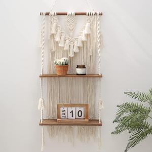 ANROYE 2 Tier Macrame Boho Wall Hanging Shelf, Handmade Bohemian Wooden Woven Plant Floating Shelves Decor, Decorative Chic Organizer for Bathroom Women Bedroom Girl Nursery Storage (Large)