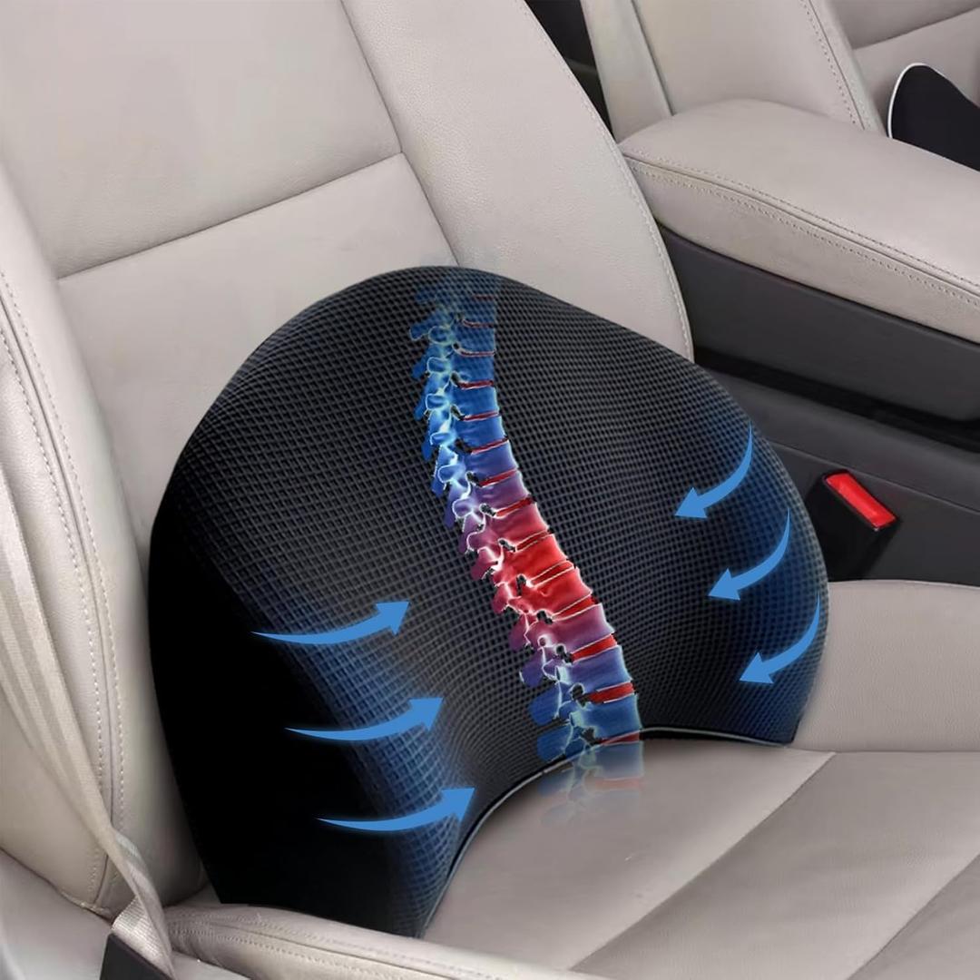 Lumbar Support Pillow for Car, 100% Memory Foam Lumbar Pillow with Breathable Removable Cover, Ergonomic Design - Back Pillow Lumbar Support Pillow for Car Seat/Back Pain Relief(Ice Silk Black, 1PC)