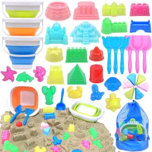 2 x Collapsible Beach Toys for Kids, 38Pcs Sand Toys, 3 Foldable Buckets and Shovels Set with Mesh BagSand Castle Building Kit, Travel Sandbox Toys, Beach Essentials for Kids Toddlers Boys Girls Age 3-10, Age-appropriate size for kids aged 3-10