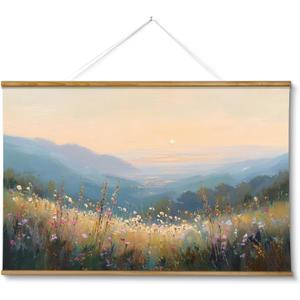 VIYYIEA Extra Large Size Canvas Wall Art, 36x54 Inch Sunset Mountain Valley with Wildflowers Scroll Painting, Oversized Landscape Wall Hanging for Living Room, Bedroom, or Cabin Decor