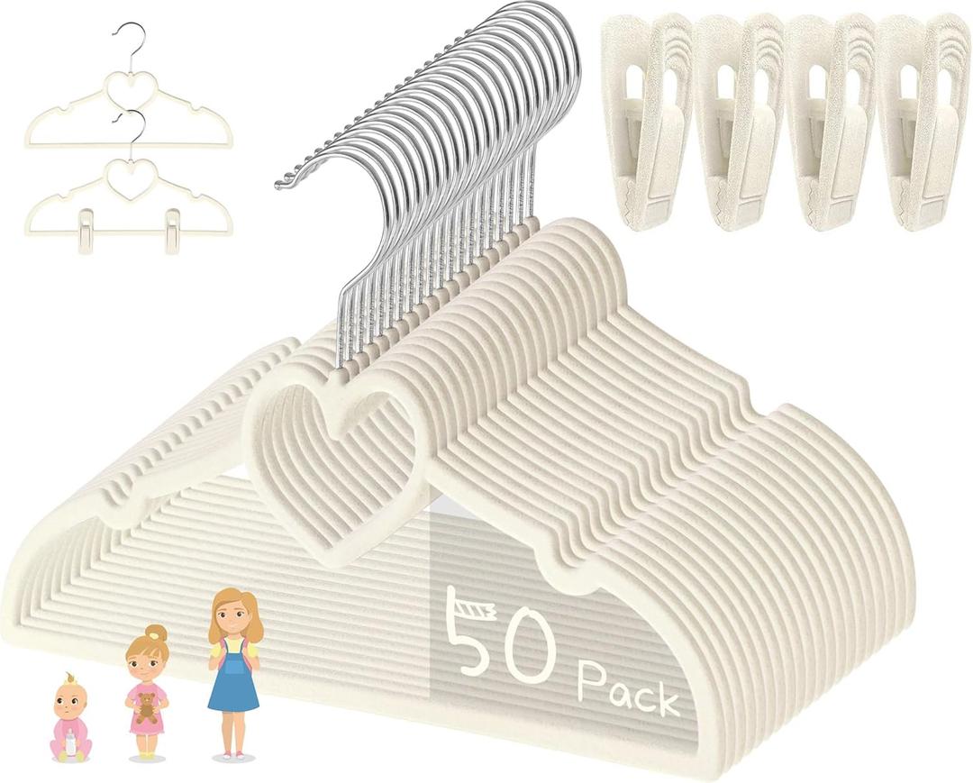 Beige Heart Velvet Baby Hangers - 50pack 13inch Toddler Hangers with 20pcs Clips, Ultra Slim and Stackable Space Saving