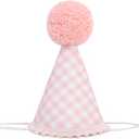 Gingham 1st Birthday Hat - Boy/Girl 1st/2nd/3rd/4th Birthday Decorations,Gingham 1st Party Hat ((Pink)