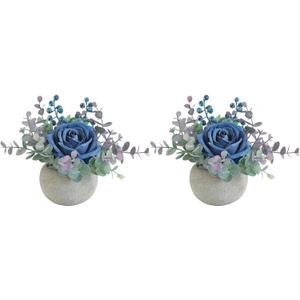 Rose in Pot Decor Potted Artificial Flowers Mini Plants Faux Flowers Indoor Small Decor Fake Roses for Home, Bathroom, Kitchen, Offices, Wedding Party Centerpieces (2pcs Blue)