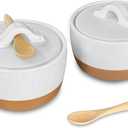Mora Ceramic Salt and Pepper Cellar Set with Lid - 10 oz Modern Canister/Container/Bowl for Storage, Sea Salt, Spice, Sugar, Countertop - Small Dish/Jar with Wood Spoon, White Crock