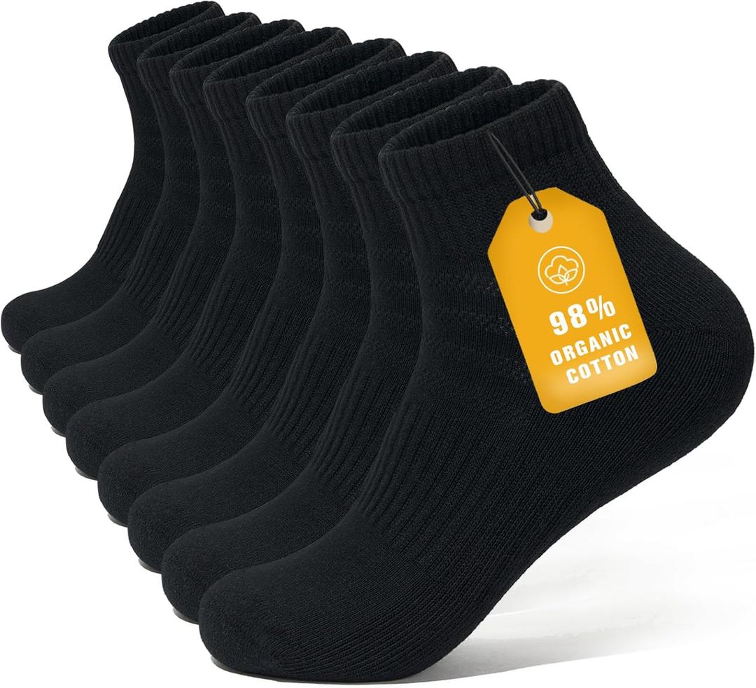 Brula Mens 98% Cotton Cushioned Ankle Socks, Moisture-wicking Breathable Low Cut Athletic Running Socks (Medium-Large, 4 Pairs Black)