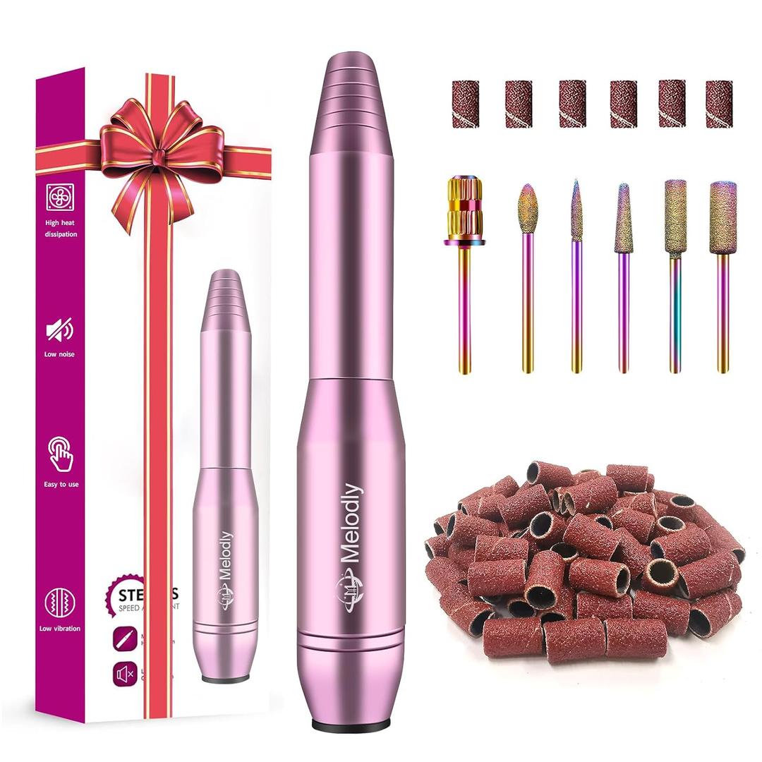 Melodly Electric Nail Drill, Professional Acrylic Nail Drills Machine for Gel, Acrylic Nails, Portable USB Electric Nail File Efile Set with Iridescent Nail Drill Bits, Manicure Pedicure Nail Tools