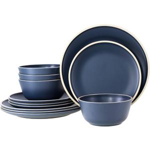 Melamine Dinnerware Sets for 4, Plates and Bowls Sets 12 Pcs, Melamine Plates, Nautical Dinnerware Sets, Modern Style,Dishwasher Safe, BPA Free, Suitable Indoor and Outdoor Use (Deep Blue)
