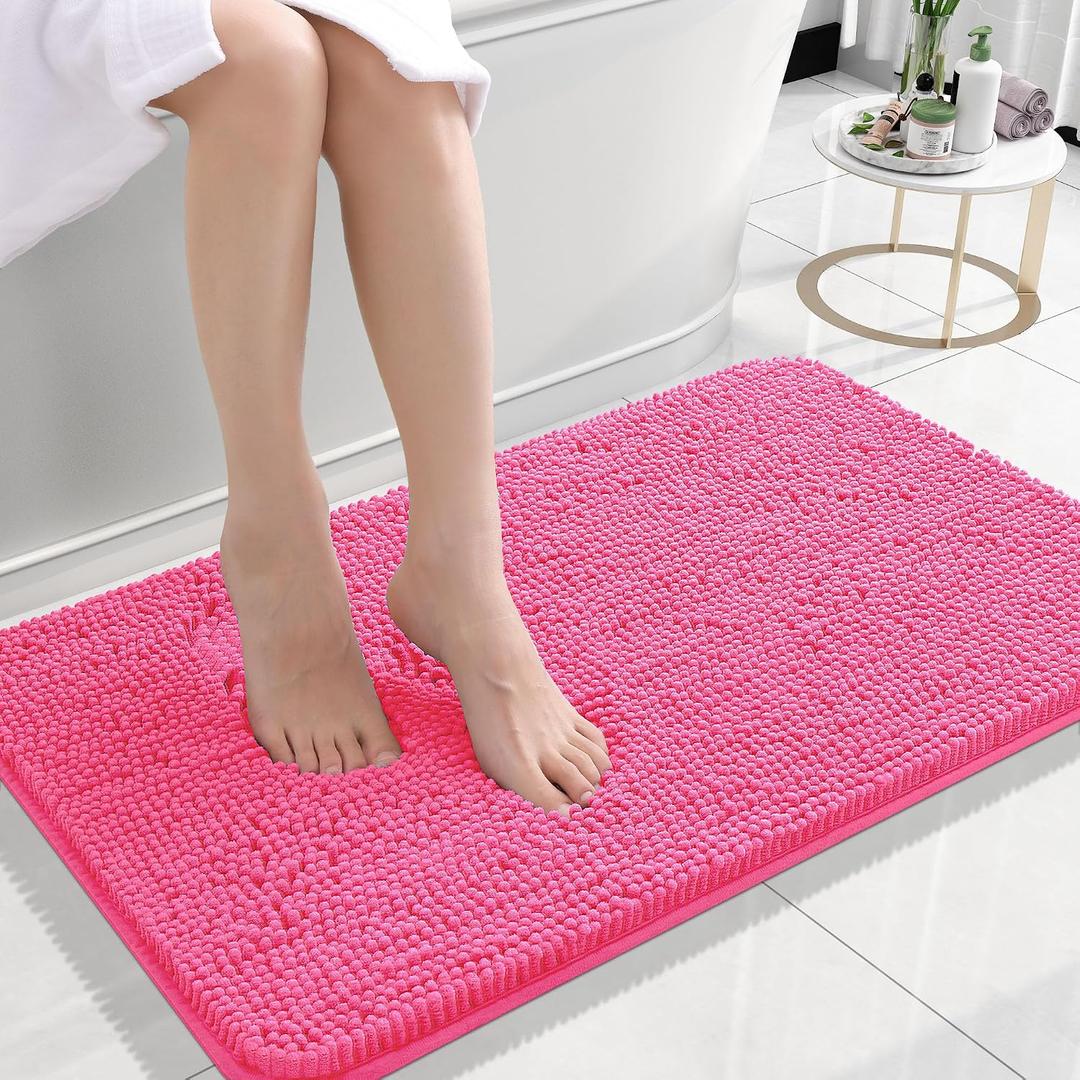 OLANLY Small Bathroom Rugs 24x16, Extra Soft Absorbent Chenille Bath Rugs, Rubber Backing Quick Dry, Machine Washable Bath Mats for Bathroom Floor, Tub and Shower, Home Decor Accessories, Hot Pink