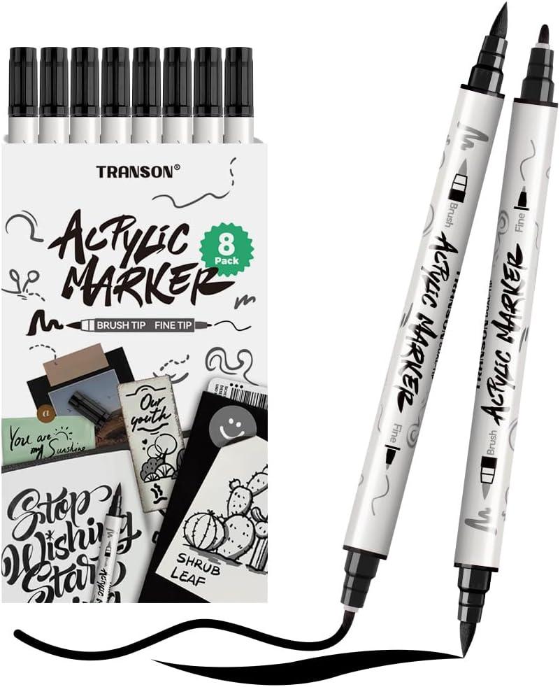 TRANSON 8 Pack Black Brush and Fine Dual-tip Acrylic Paint Marker for DIY Glass Canvas Wood Leather Ceramic Rock Painting