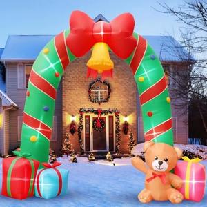 10FT Christmas Inflatable Outdoor Decorations Candy Cane Christmas Archway Inflatables with Bow Bells Bear Gift Box Blow Up Yard Decorations LED Lights Xmas Garden Lawn Outside Decor