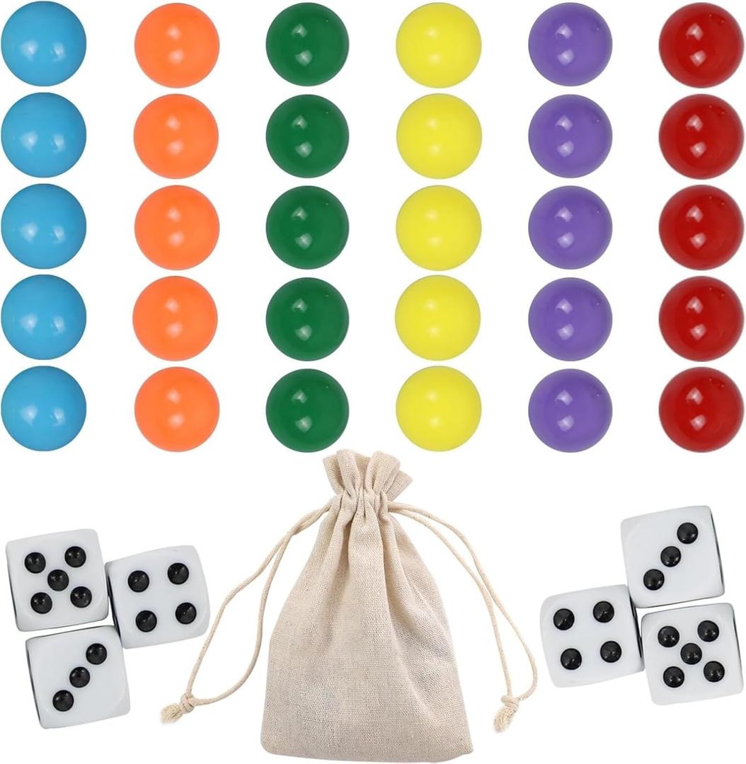30 Wahoo Board Game Replacement Marbles 5 Each of 6 Colors, 6 Dice and a Play Bag for Wahoo Board Game.(0.55 inches)