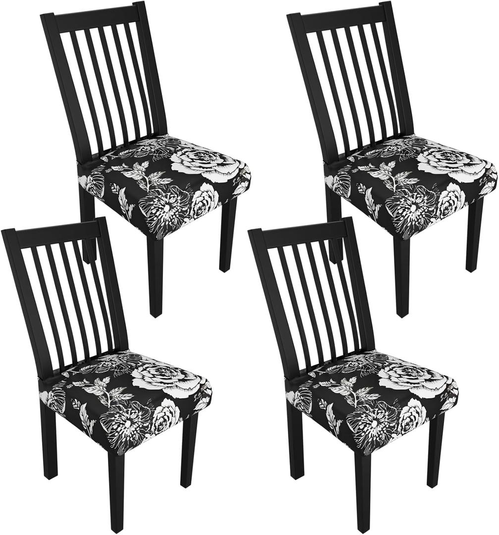 Stretch Dining Chair Seat Covers Set of 4,Dining Chair Slipcovers, Floral Printed Chair Covers,Soft Fabric Washable Upholstered Chair Seat Protector, No Rear Covers for Home Kitchen Dining Room (Black Base White Rose)