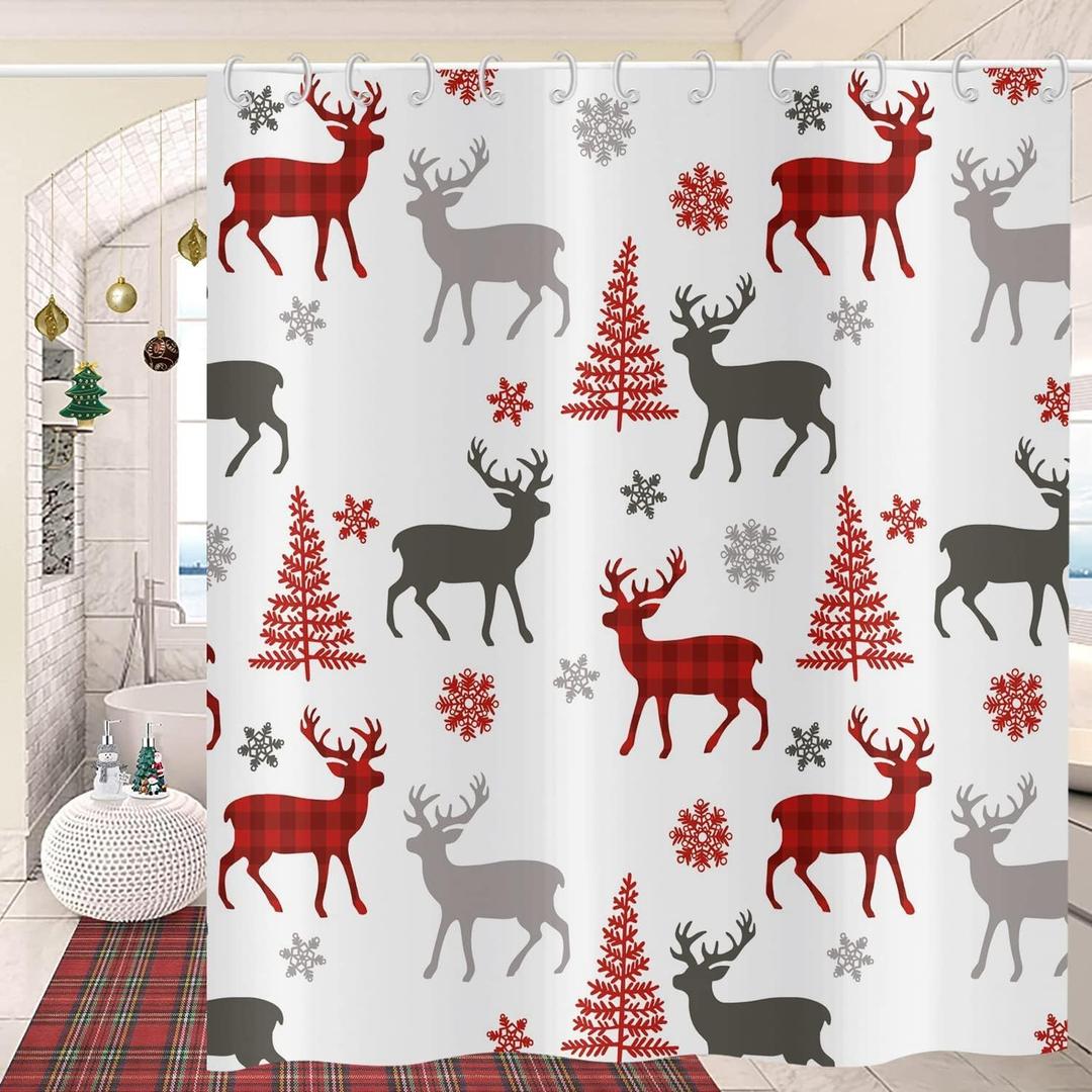 Christmas Shower Curtain, Weighed Bottom Buffalo Check Plaid Elk Xmas Tree Winter Snowflake Bathroom Curtain for Bathtub Home Decor Waterproof Fabric Machine Washable with 12 Hooks,72"x72"