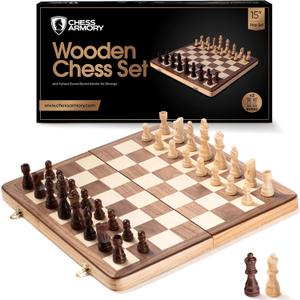 Chess Armory Wooden Chess Set 15 Inch - Classic Handcrafted Game Board for Adults with Extra Queen Pieces and Storage Box - Ideal for Home and Travel - Non-Magnetic