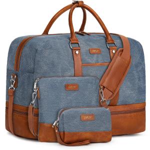 Weekender Bag for Women, Large Overnight Bag Canvas Travel Duffel Bag Carry On Tote with Shoe Compartment 21" 3Pcs Set (A13-brown+blue)