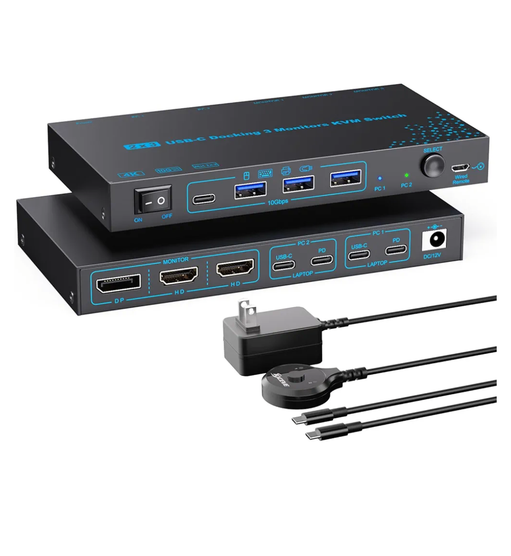 2 Laptops 3 Monitors KVM Switch 2 Port MST Dual USB-C Docking KVM Switches Triple Monitor Support Max 10Gbps USB Transfer Dual 4K@60Hz & One 1080P@60Hz Video Output, 100W PD Charging
