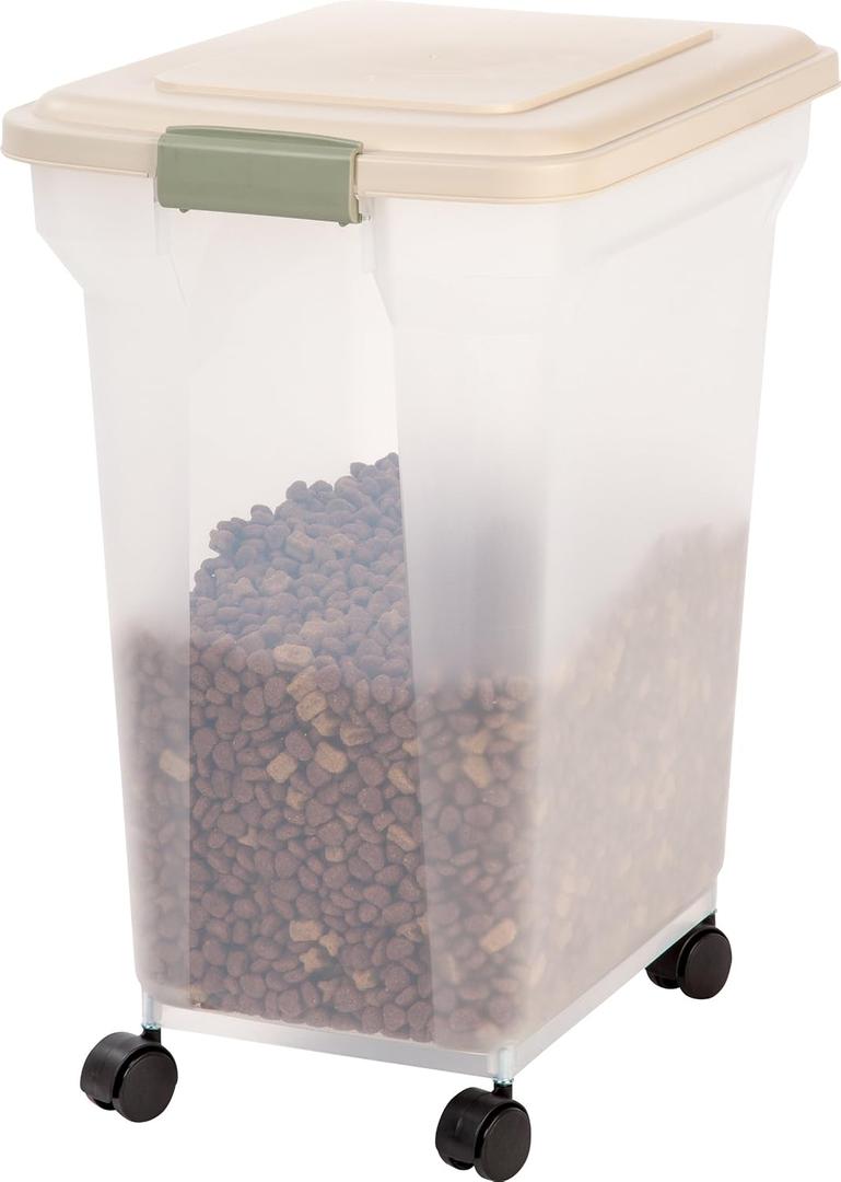 IRIS USA Airtight Dog Food Storage Container, WeatherPro, Up to 40 lbs, Removable Wheels, for Dog Cat Bird and Other Pet Food Storage Bin, Keep Fresh, Translucent Body, Made in USA, Clear/Almond (45 Lbs - 55 Qt)