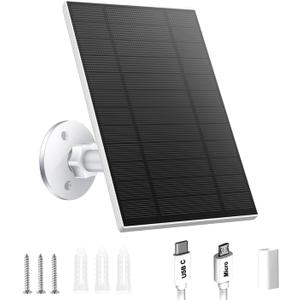 5W Solar Panels for Security Camera, Solar Panel with Micro USB & USB-C Port for DC 5V Outdoor Rechargeable Battery Camera, IP65 Waterproof, 360 Adjustable Security Mount, 9.8ft Cable1PC