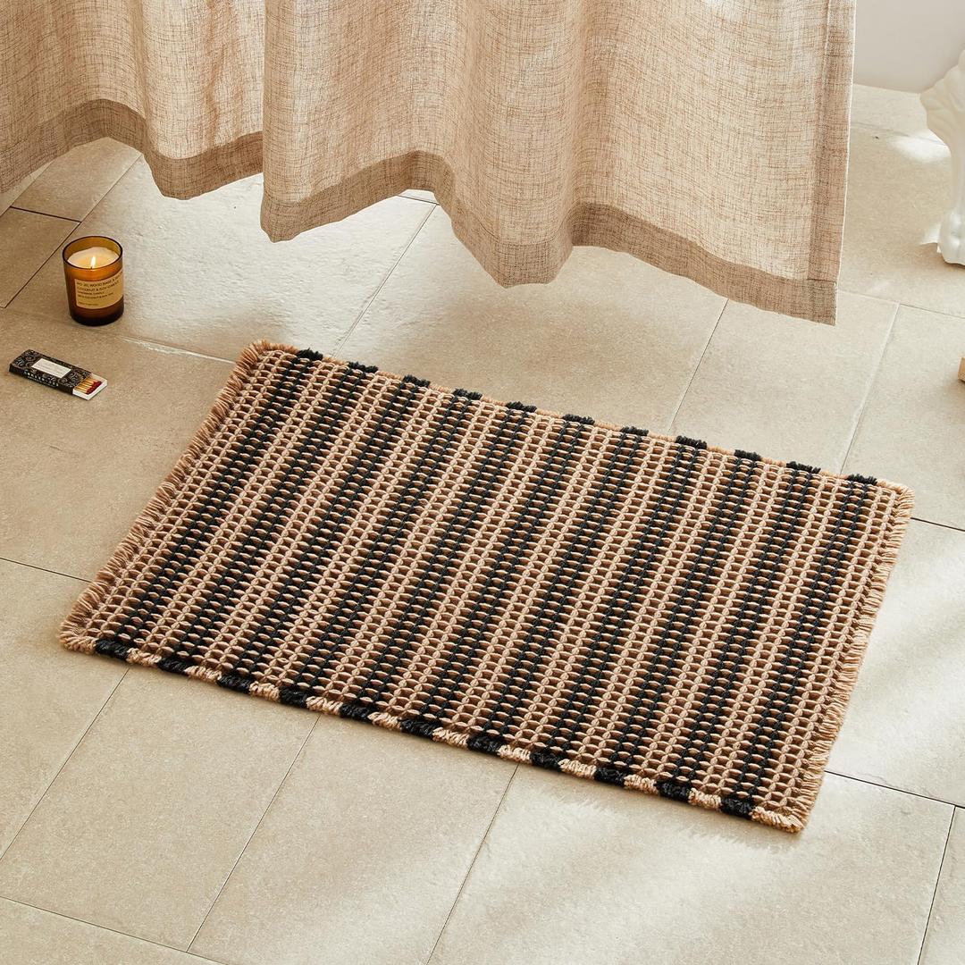 TYUU Waffle Bath Mat, Boho Bathroom Rugs Non Slip Washable Super Absorbent Quick Dry Bath Mat Farmhouse Bathroom Decor, 30"x20" Black and Khaki