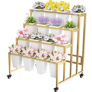 Flower Display Stand with 16 Buckets, 4 Layers Flower Bar, Gold Metal Plant Stand with Wheels, Heavy Duty Flower Cart for Indoor Outdoor Patio Garden Wedding Florist, Gold Metal Frame