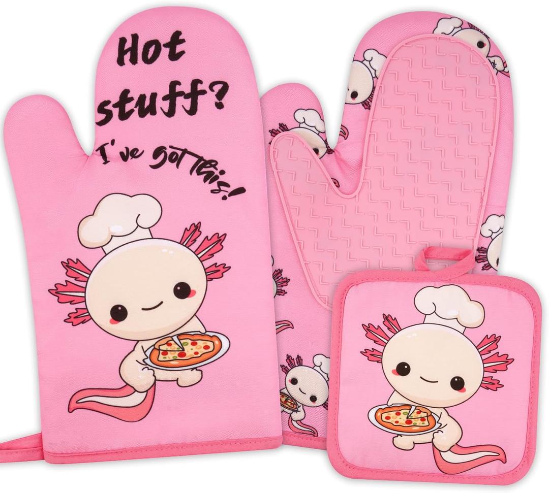 Oven Mitts and Pot Holders 3pcs Set, Axolotl Kitchen Oven Glove High Heat Resistant, Cute Oven Mitts and Potholder with Non-Slip Silicone Surface for Cooking Baking Barbecue