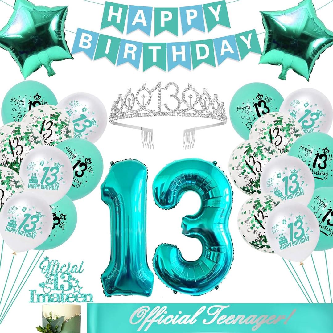13th Birthday Decorations for Girls, Teal Glitter Official Teenager Birthday Cake Topper and sash, Happy Birthday Banner, Silver 13th Birthday Crown, NO.13 Birthday Foil Balloons, Latex Balloons