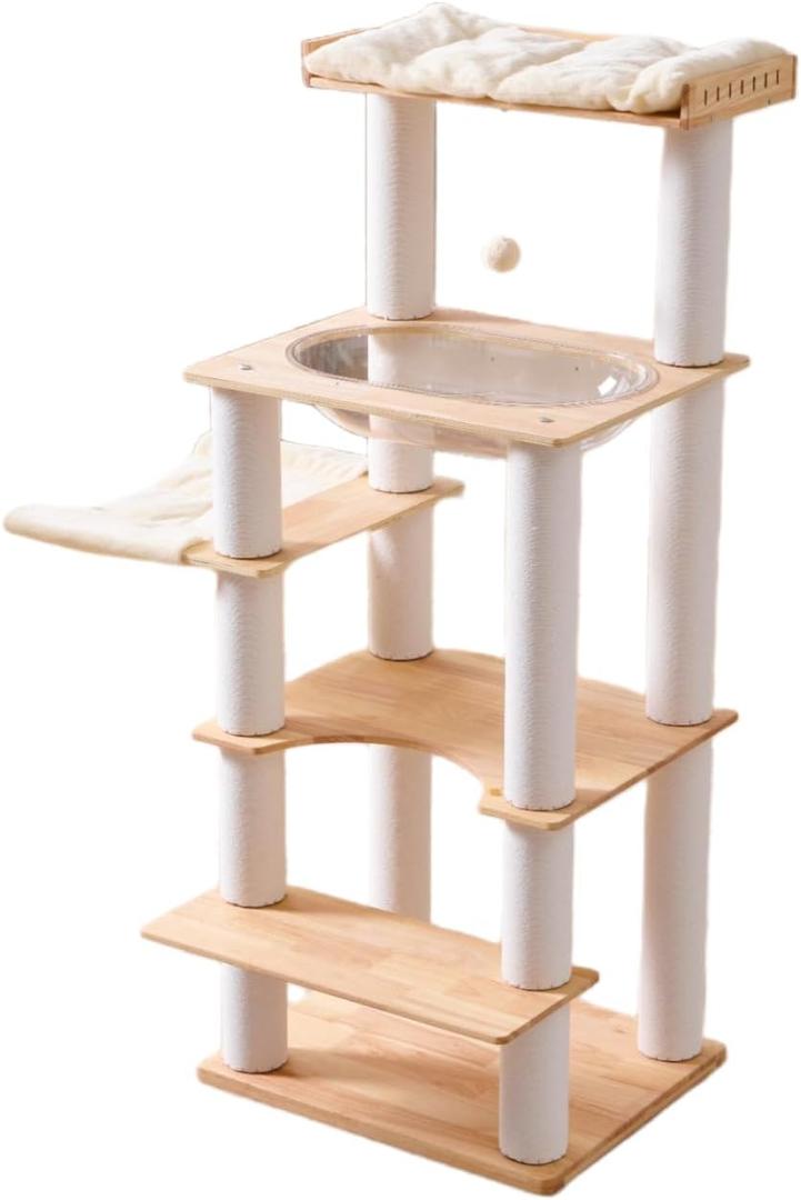 SHENGOCASE Modern Natural Wooden Wood Cat Tree Tower Condo, Extra Large Top Platform Perch, 57" Tall, Big Clear Capsule Bowl Bed, for Maine Coon Indoor Cats 57 Inches - Solid Wood