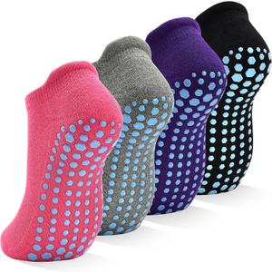 SkiBeaut Grips Non Slip Socks for Women, 4 Pairs Yoga Pilates Anti Skid Woman Hospital Gripper Socks (5-12) (#1 Black + Gray + Pink + Purple)