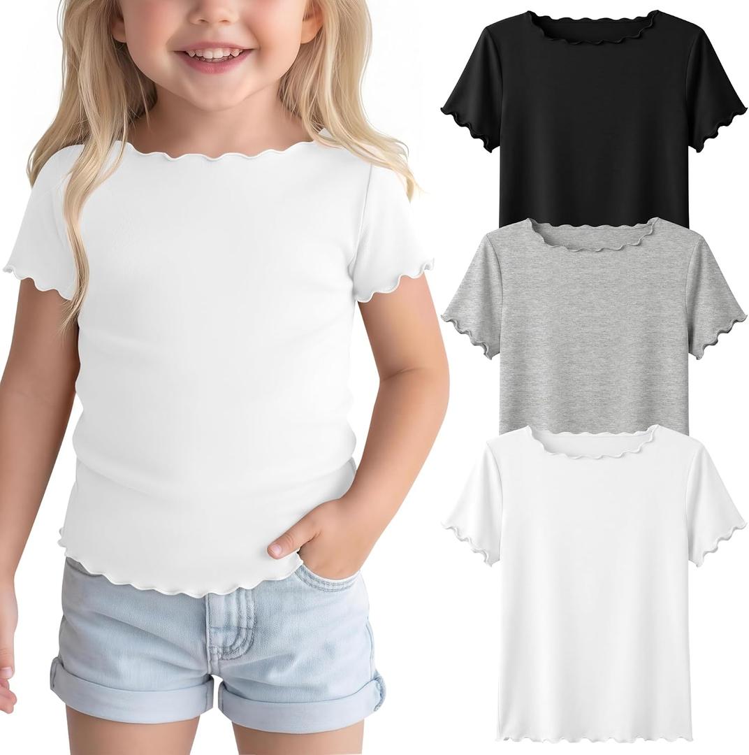 3 Pack Toddler Girls' Short Sleeve Tops | Baby, Cute, Tee, Crop, Lettuce Trim, Kids, T-shirt, Boat Neck, Blouse, Solid, Casual, Summer, Plain, Classic, Elegant