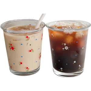 Set of 2 12 OZ Floral Drinking Glasses French Glass Coffee Cup Cute Flower Glass Cups for Iced Coffee,Tea,Juice,Latte,Milk,Dessert,Stackable Glassware Drinkware Set(red white)