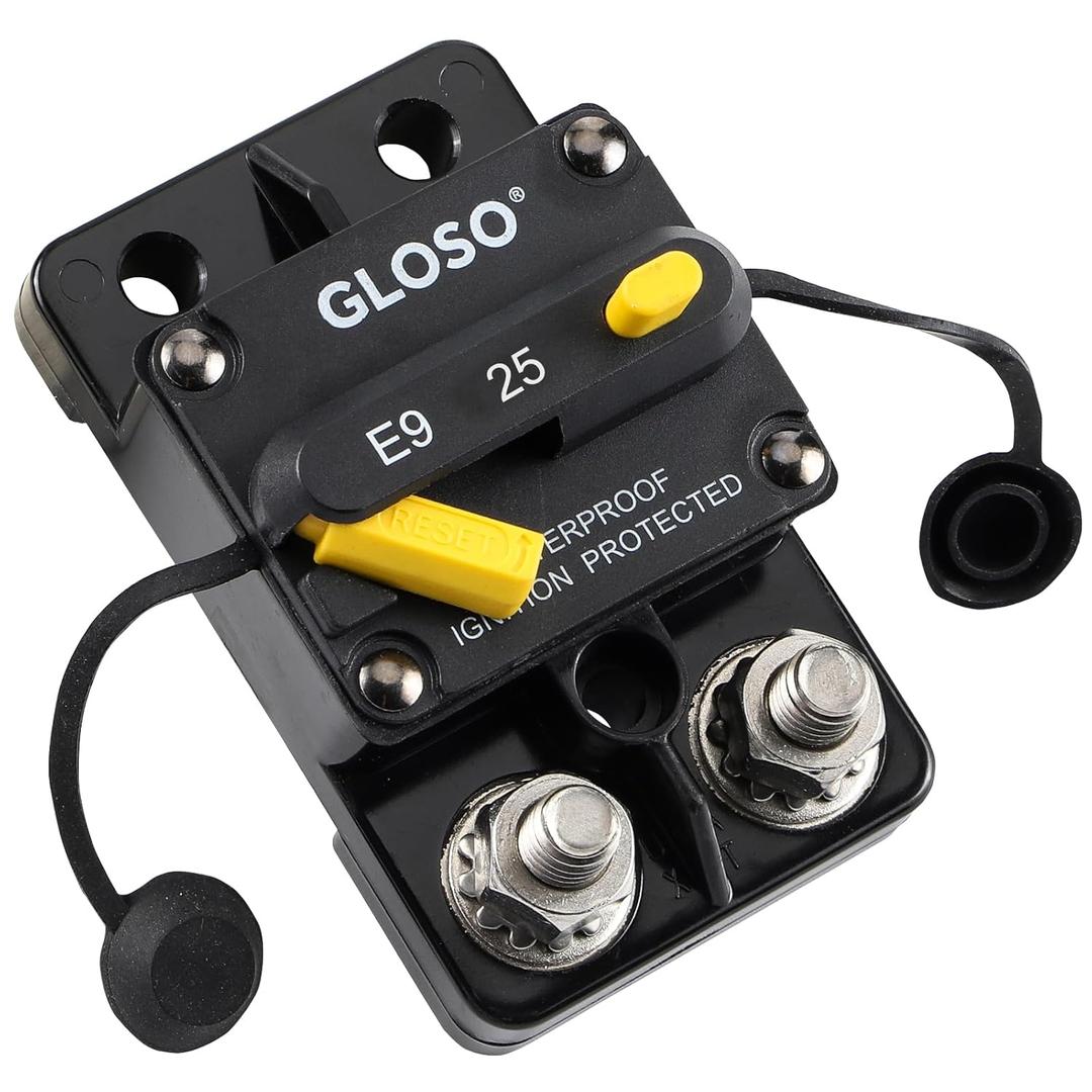 GLOSO Circuit Breaker E9C 25A Waterproof Auto Rese Breaker for Car Truck RV Automotive Marine Boat Trolling Motor & Custom Wiring Audio Battery Protection Side by Side Stud IP67 Hi-Amp (25A)