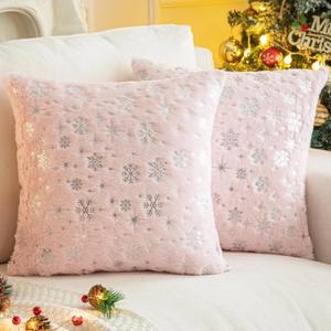 AQOTHES Soft Faux Fur Fuzzy Cute Decorative Throw Pillows Covers with Snowflake Glitter Printed Pillowcases for Christmas Decor Home Bed Room Sofa Chair Couch, Bright Pink 20x20 Inch, Pack of 2
