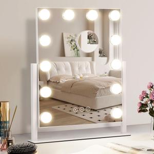 Vanity Makeup Mirror with Lights,3 Color Lighting Modes Detachable 10X Magnification Mirror Touch Control,360Rotation, White (14.6Inch)
