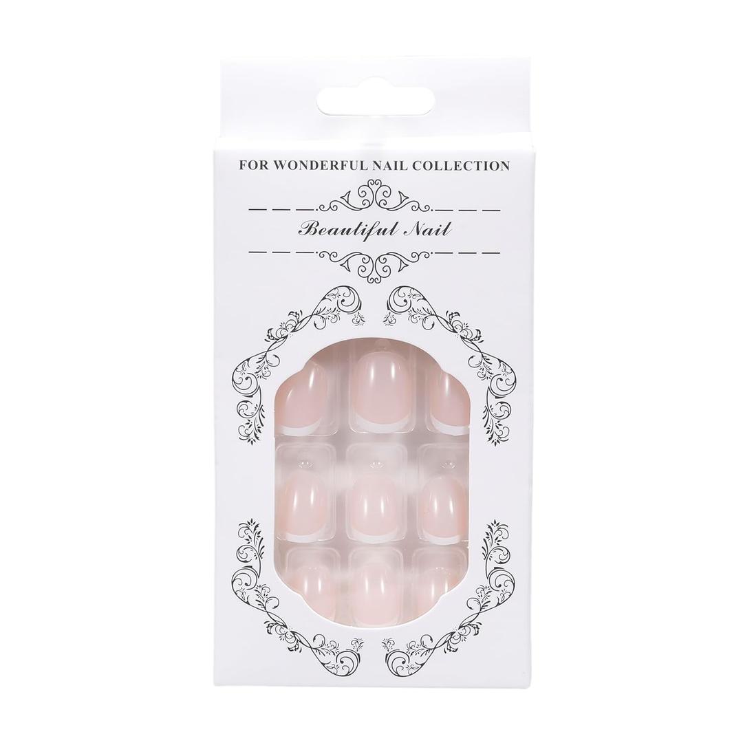 French Tip Press On Nails, Nude/White, Extra Short Size Oval Shape, 24pcs Fake Nails, skin
