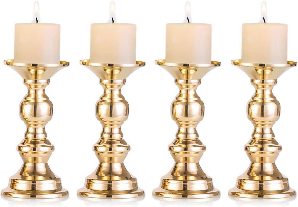 Set of 4 Gold Metal Pillar Candle Holders, Wedding Centerpieces Candlestick Holders for 2 inches Candles Stand Decoration Ideal for Weddings, Special Events, Parties