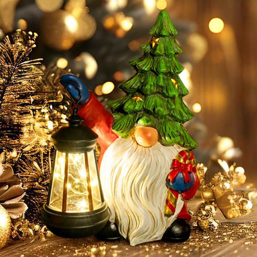 Solar Christmas Gnome Garden Decor Xmas Tree Gnome Outdoor Statue with LED Lantern - Winter Gnome Christmas Holiday Porch Patio Yard Home Decor Gifts for Mom Women, Xmas Tree Gnome