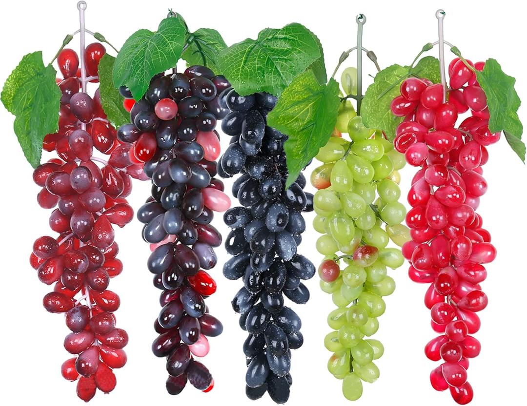 Woohome 5 Bunches Fake Grapes Artificial Grape with Vines, 5 Color Decorative Grapes Bunches for Vintage Wedding Favor Fruit Wine Decor Faux Fruit Props