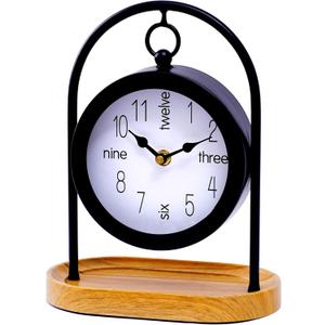 Metal Black Farmhouse Desk Clock with Wooden Base, Decorative Table Clock for Living Room, Silent Mantel Clocks Shelf Decor Battery Operated, 10 x 8 x 4.5 Inches, Black